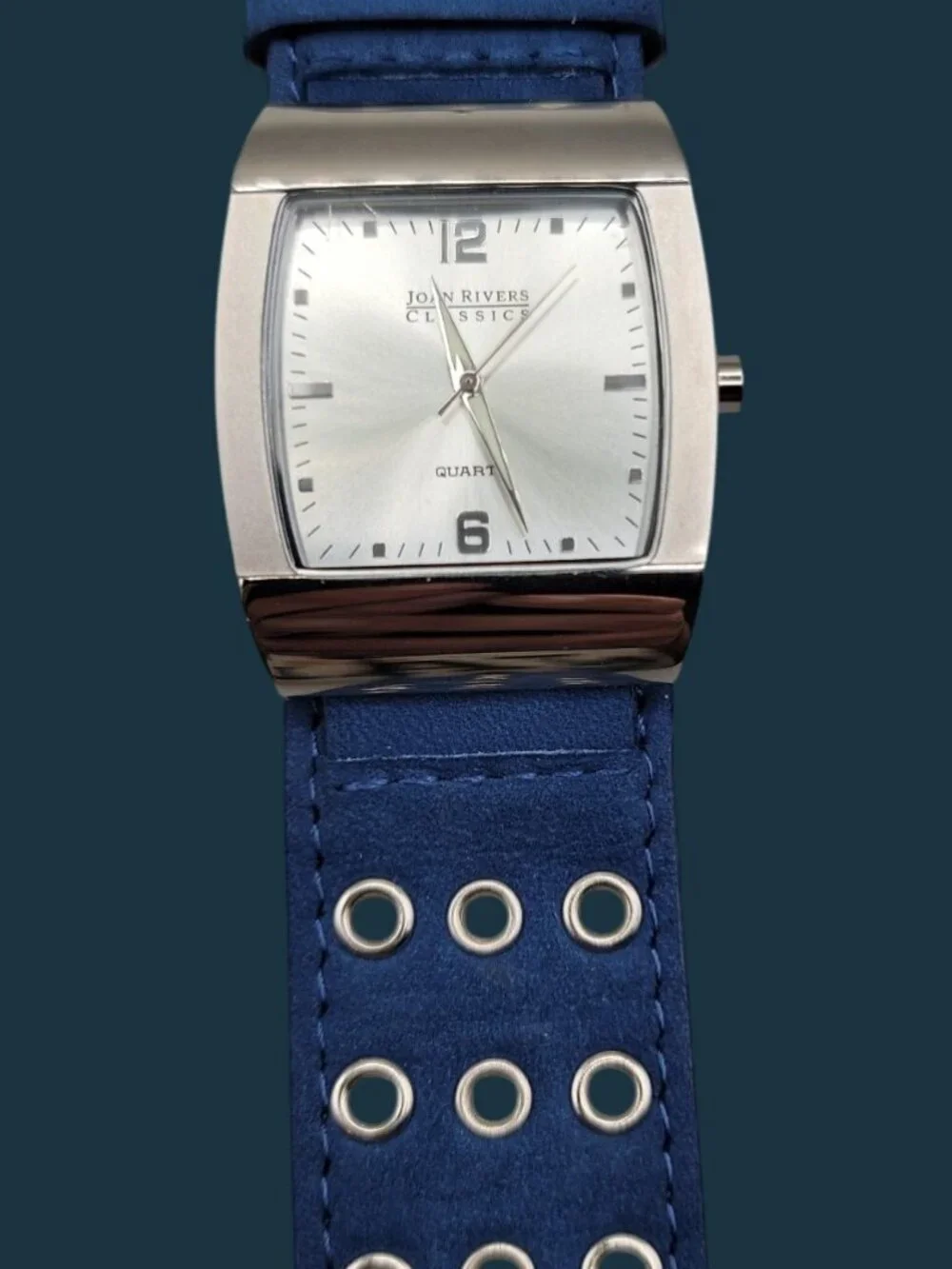 Joan Rivers Classics Tonneau Watch Royal Blue Wide Suede Leather Band 7.5